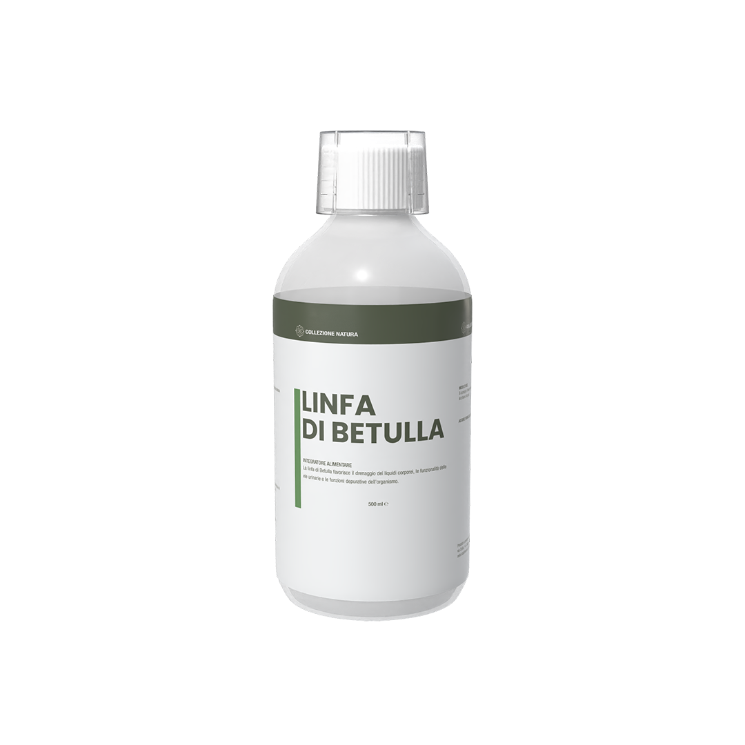 Flacone da 500 ml di Linfa di Betulla Collezione Natura con etichetta bianca e verde